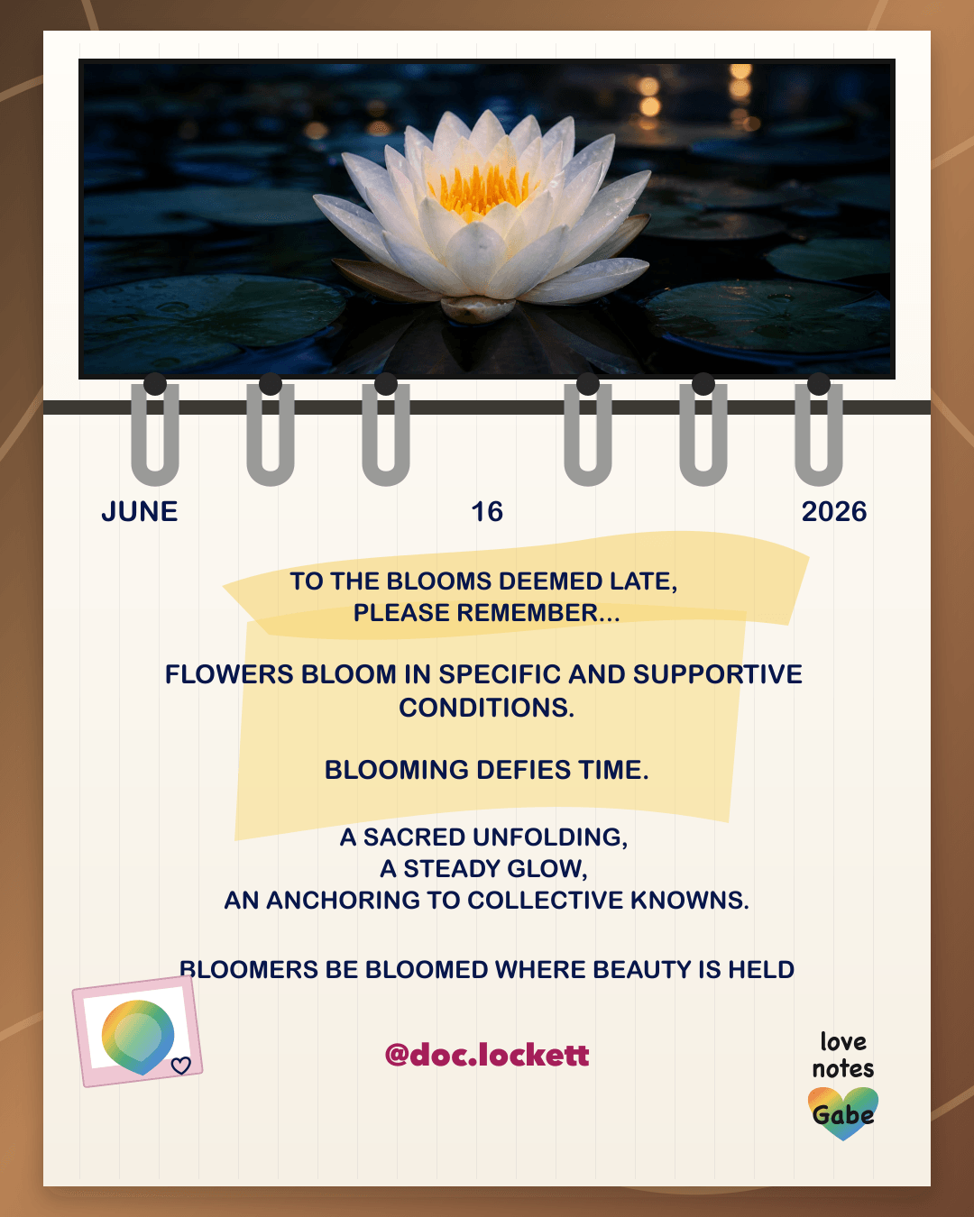 Love Letter dated June 16, 2026, with a realistic white lotus image, encouraging blooms deemed late to unfold in supportive conditions